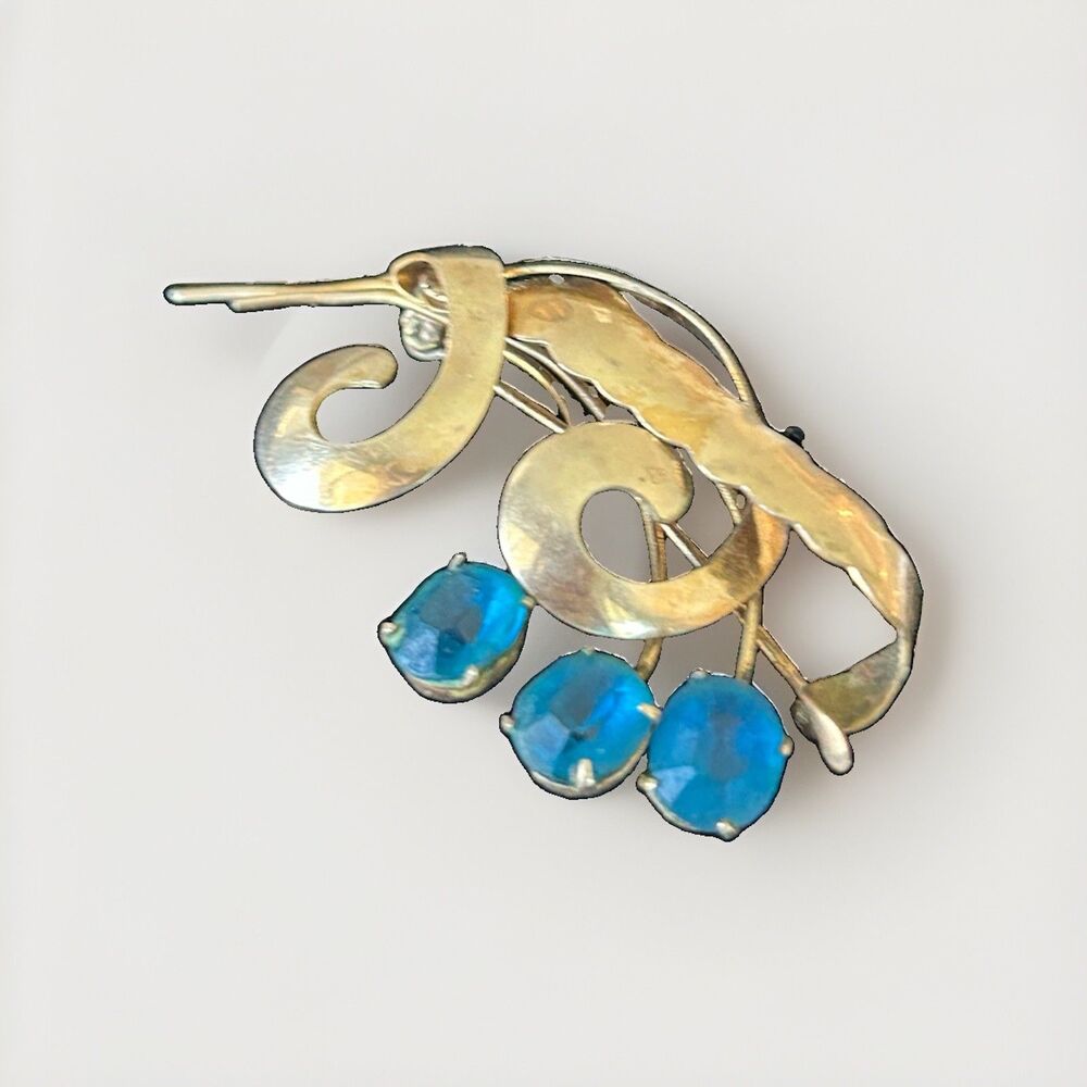 Vintage 1/20 10K Gold Filled Blue Rhinestone Floral Brooch Pin Retro Estate